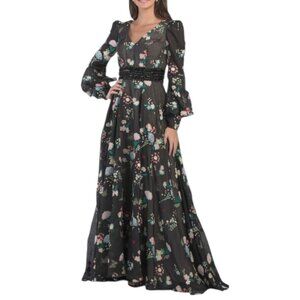 MAC DUGGAL Long Sleeve Floral Embellished Gown Black Multi